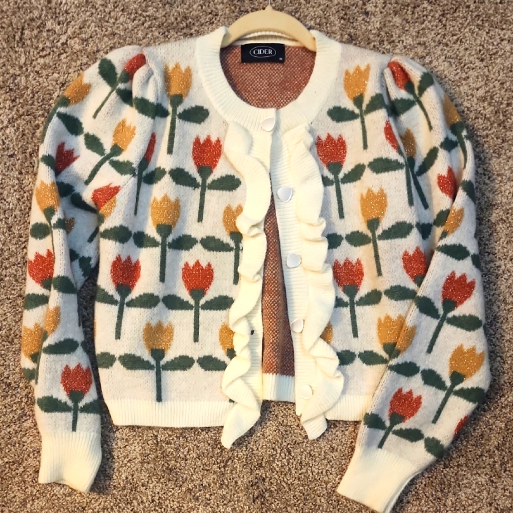 CIDER size M Women's Floral Cardigan Sweater - Cream, Red, Yellow, Green